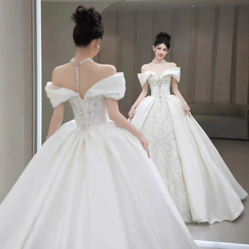 一字肩重工大码缎面婚纱新娘2025新款法式高级质感小个子奢华主纱,淘宝优惠券,粉丝福利购,淘宝优惠卷