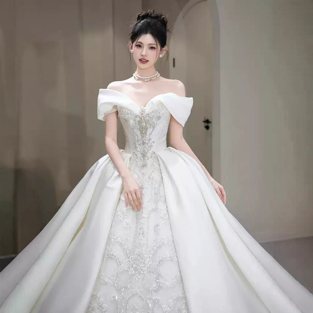 一字肩重工大码缎面婚纱新娘2025新款法式高级质感小个子奢华主纱,淘宝优惠券,粉丝福利购,淘宝优惠卷