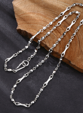 新款原创男女款纯银竹节棒骨头碎石拼接项链日韩潮流首饰颈链毛衣