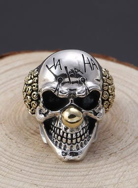 骷髅头小丑戒指纯银夸张欧美男士