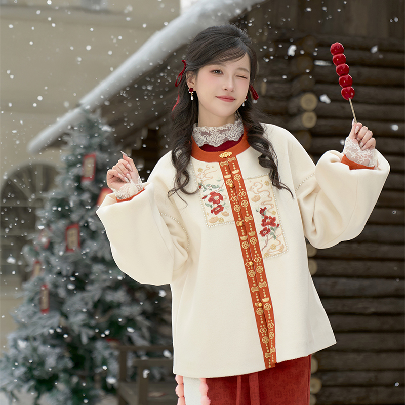 人间富贵花 清水溪秋冬汉服女改良圆领对襟灯笼袖新中式日常保暖 - 图2