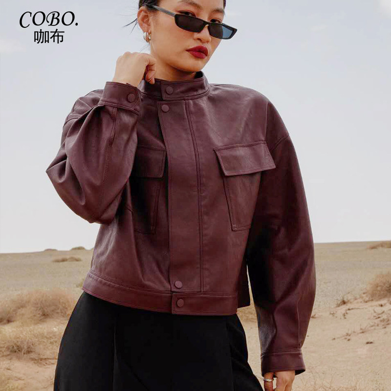 韩版时髦女廓形棒球服雅痞风皮夹克 咖布服饰皮衣