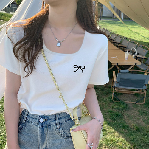 方领正肩t恤短袖女夏季薄款法式设计感纯棉内搭打底半袖体恤上衣 - 图1