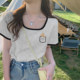 2026 Spring and Summer Contrast Color Square Neck T-Shirt Women's Low Collar Pure Desire Grey Casual Exposed Collarbone Design Short-Sleeved Top
