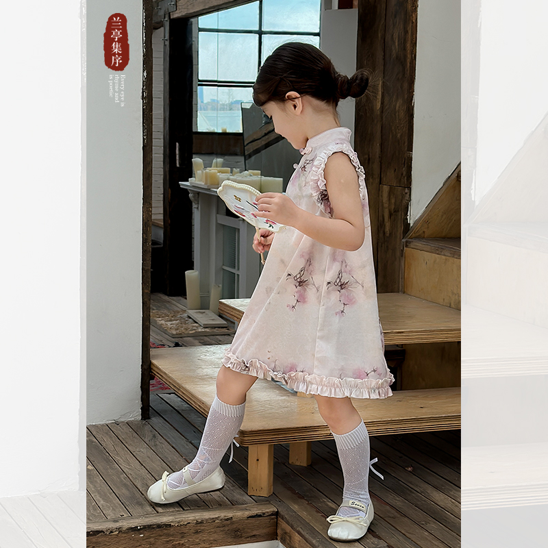 柒号童仓女童中国风盘扣连衣裙夏装新款木耳边中式改良旗袍裙潮 - 图0
