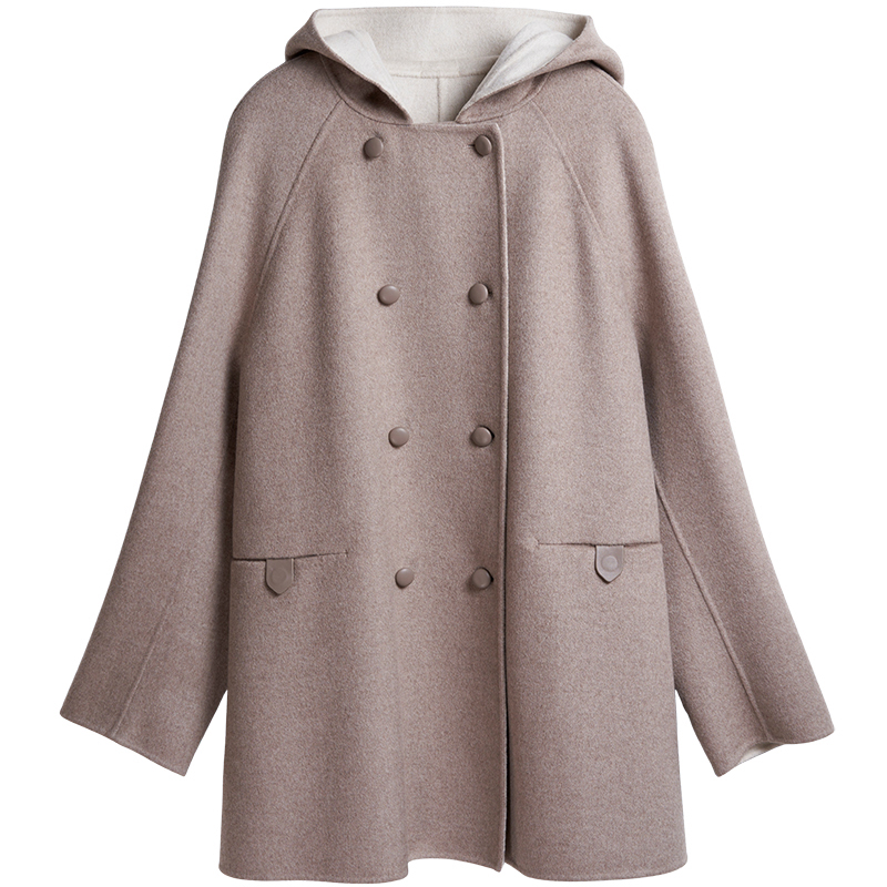 斐雪 念念不忘的气质 山羊绒双排扣双面色真皮扣带帽双面羊绒大衣 - 图3