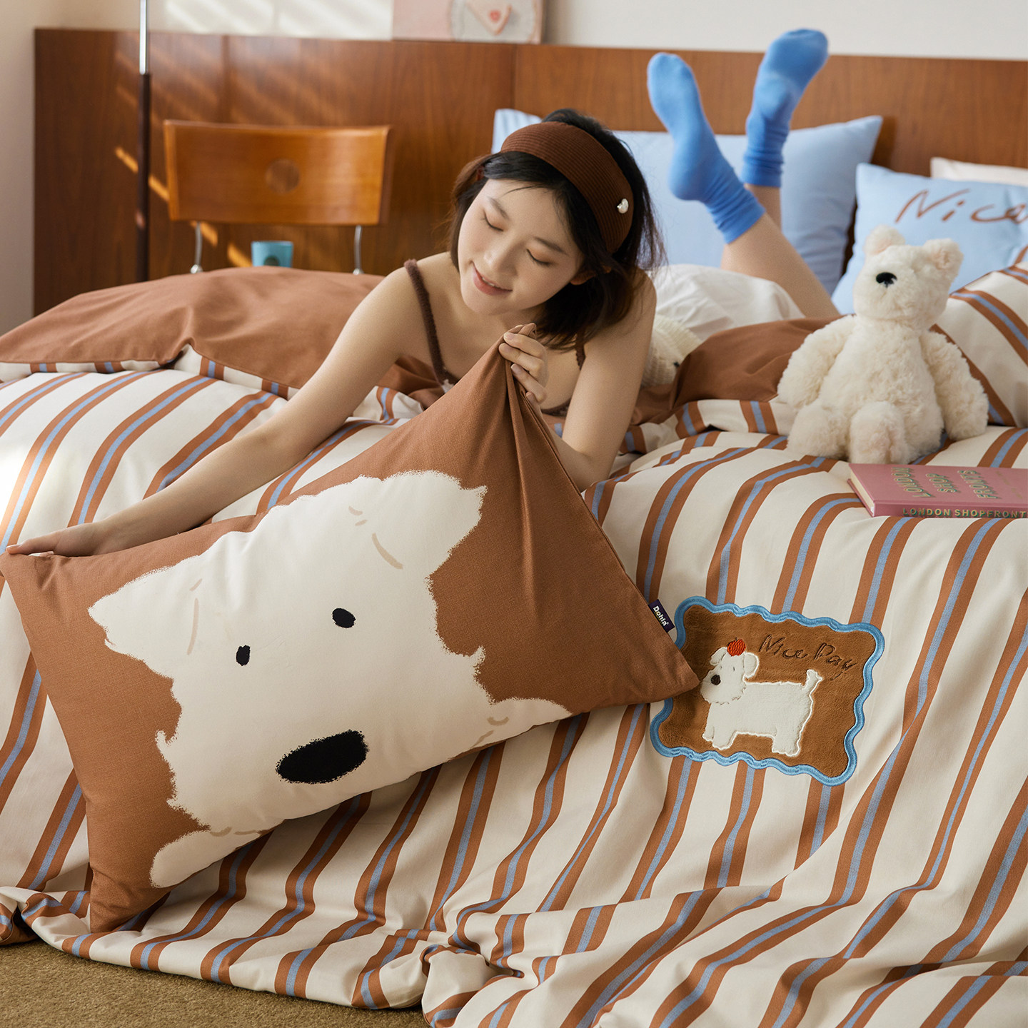 多喜爱磨毛四件套全棉秋冬三件套复古条纹床单被套卡通贴布绣床品,淘宝优惠券,粉丝福利购,淘宝优惠卷