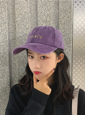 春夏帽子女复古牛仔紫色字母刺绣