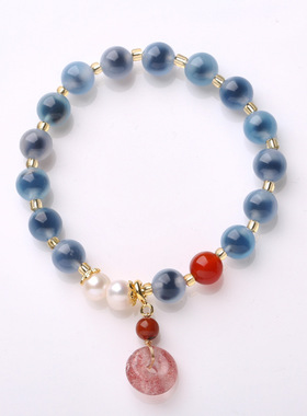 天然蓝糖心玛瑙四叶草复古手链