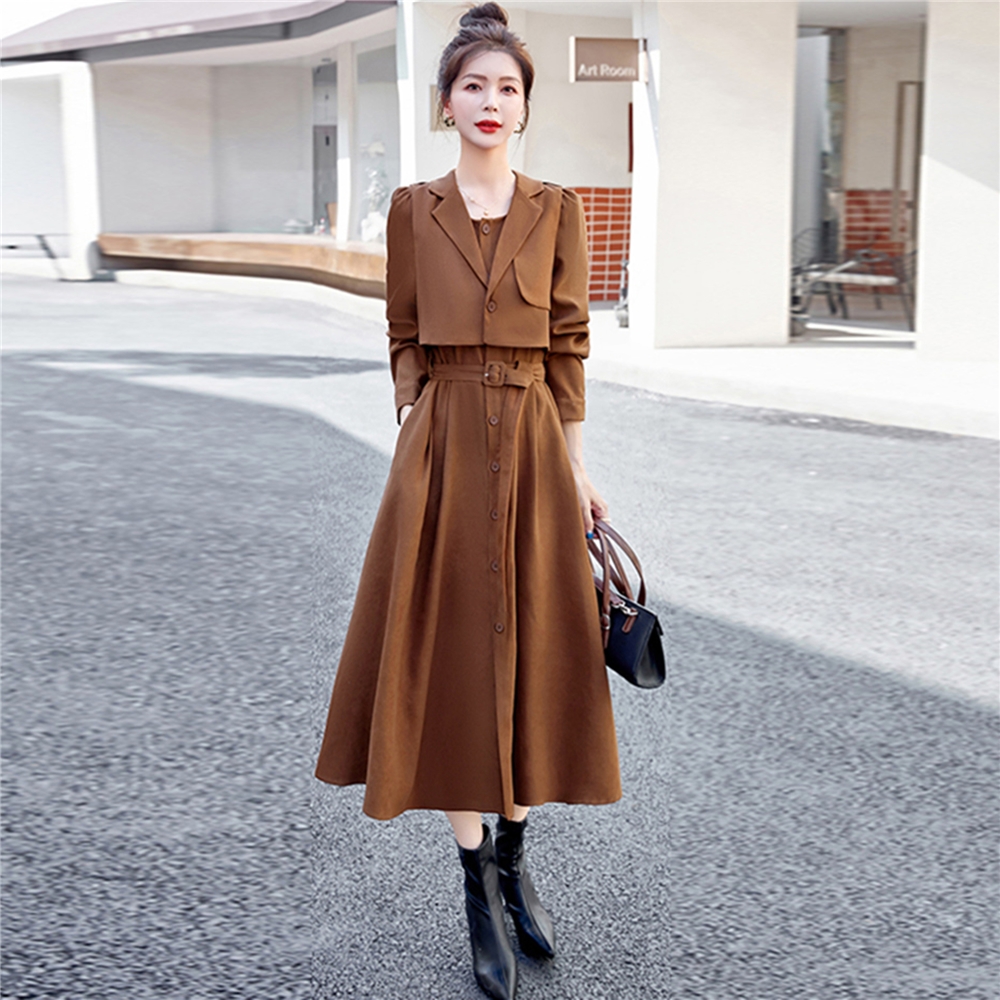 套装女秋季大码杭派圆领单排扣衬衫裙西装领马甲修身显瘦两件套 - 图0