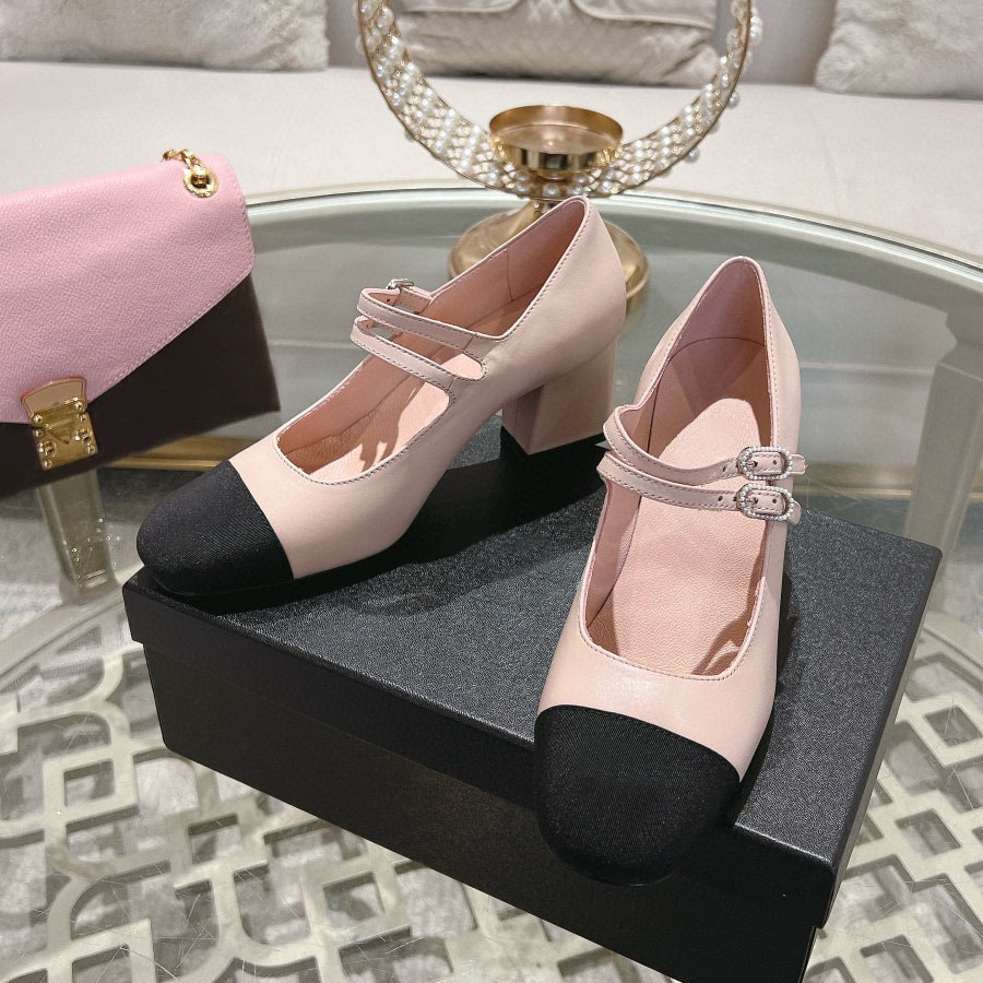 经典小香风拼色双带水钻扣玛丽珍高跟鞋2024新款真皮粗跟单鞋高端 - 图0