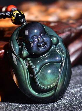 2024龙天然黑曜石弥勒佛头吊坠笑面佛布袋佛像挂坠情侣纳福礼物