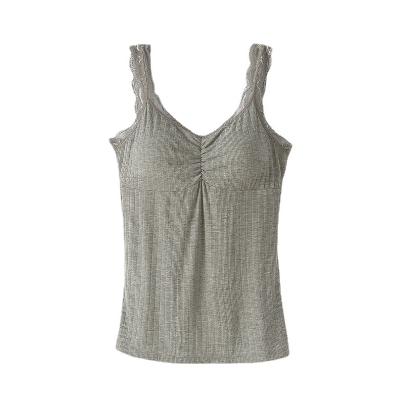 蕾丝吊带背心女一体式带胸垫罗纹棉打底衫大码睡眠内衣可外穿3003 - 图3