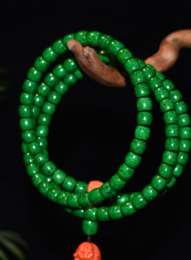 【宫廷雅玩】清晚期仿虬角直切108颗佛珠念珠搭配三姑娘弥勒佛