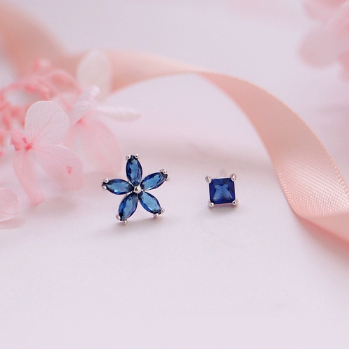 Свежие синие асимметричные серьги, в цветочек, серебро 925 пробы, подарок на день рождения