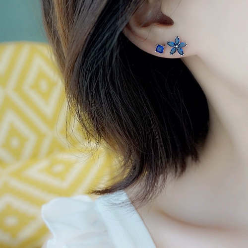 Свежие синие асимметричные серьги, в цветочек, серебро 925 пробы, подарок на день рождения