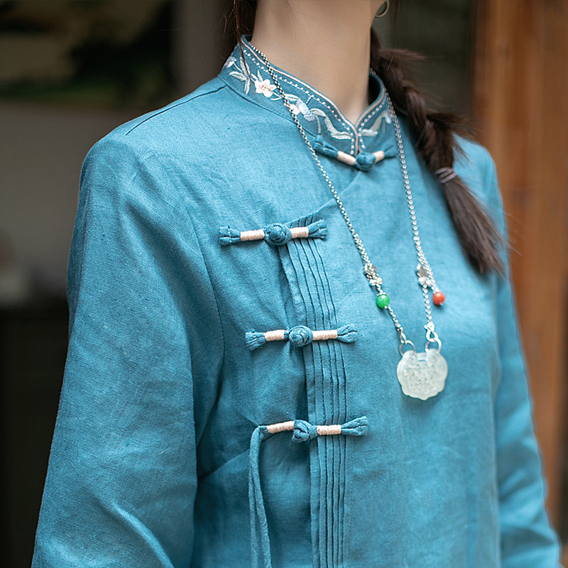 远镇夏亚麻衬衫五分袖复古盘扣刺绣中国风上衣中长款中式茶服女装