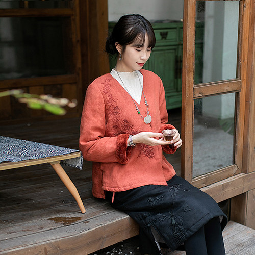 秋冬加绒短外套加厚汉服复古盘扣中国风上衣中式女装红色棉衣棉服 - 图1