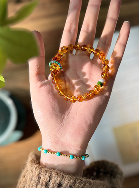 新中式中国风原创设计款花珀小熊琥珀手串手链天然淡水珍珠绿松石