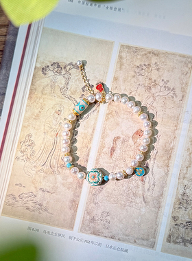 新中式中国风原创设计款天然淡水珍珠手链蓝松石银镀金女单圈手串