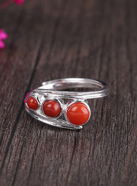 纯银汉服复古女开口南红戒指环