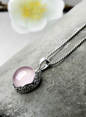 天然粉晶复古雕花吊坠挂坠招桃花