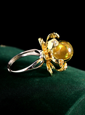 天然墨西哥蓝珀戒指S925纯银饰品汉服配饰夸张手饰开口女转动花瓣