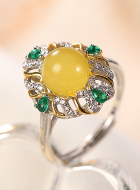 轻奢纯银夸张镂空女士蜜蜡戒指