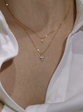 韩国通体纯银mini十字架双层项链