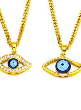 越南沙金仿黄金女士蓝色眼土耳其恶魔之眼吊坠项链别致礼物情人节