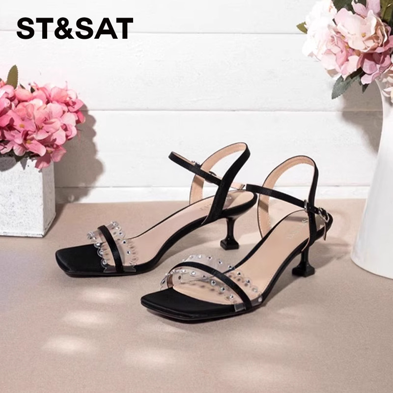 St&Sat/星期六夏季方头水钻一字扣带细高跟露趾凉鞋女SS12115683 - 图0