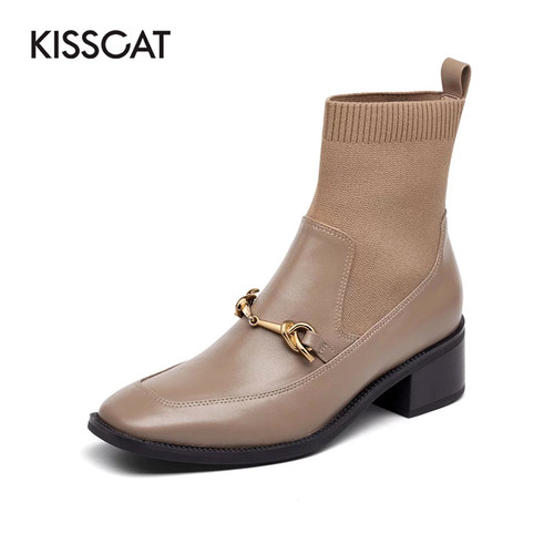 KISS CAT/接吻猫秋冬牛皮袜靴复古方头粗跟弹力靴女KA21526-51 - 图0
