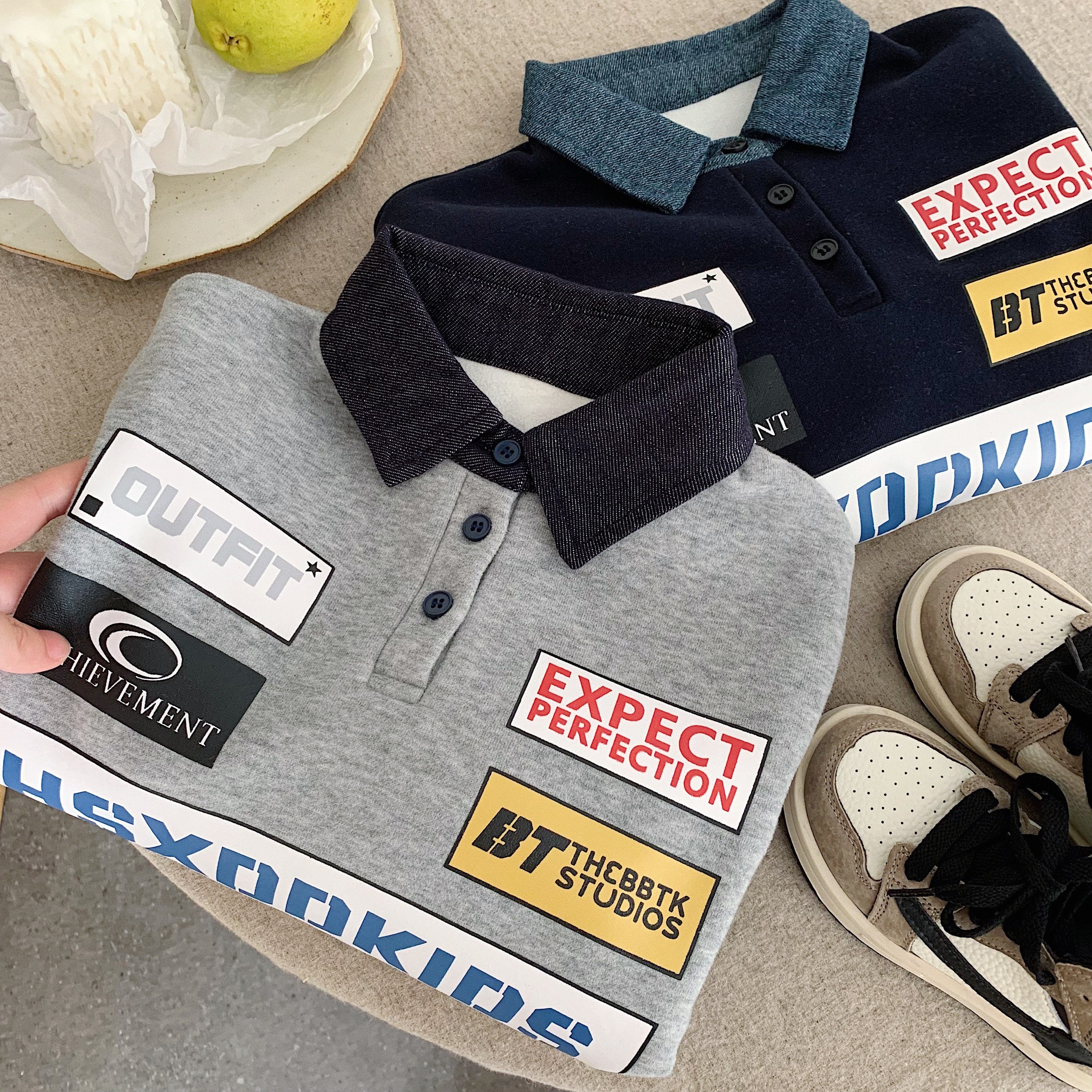 儿童外套男机车风秋冬新款宝宝字母POLO衫潮洋气小童套头衫女加绒,淘宝优惠券,粉丝福利购,淘宝优惠卷