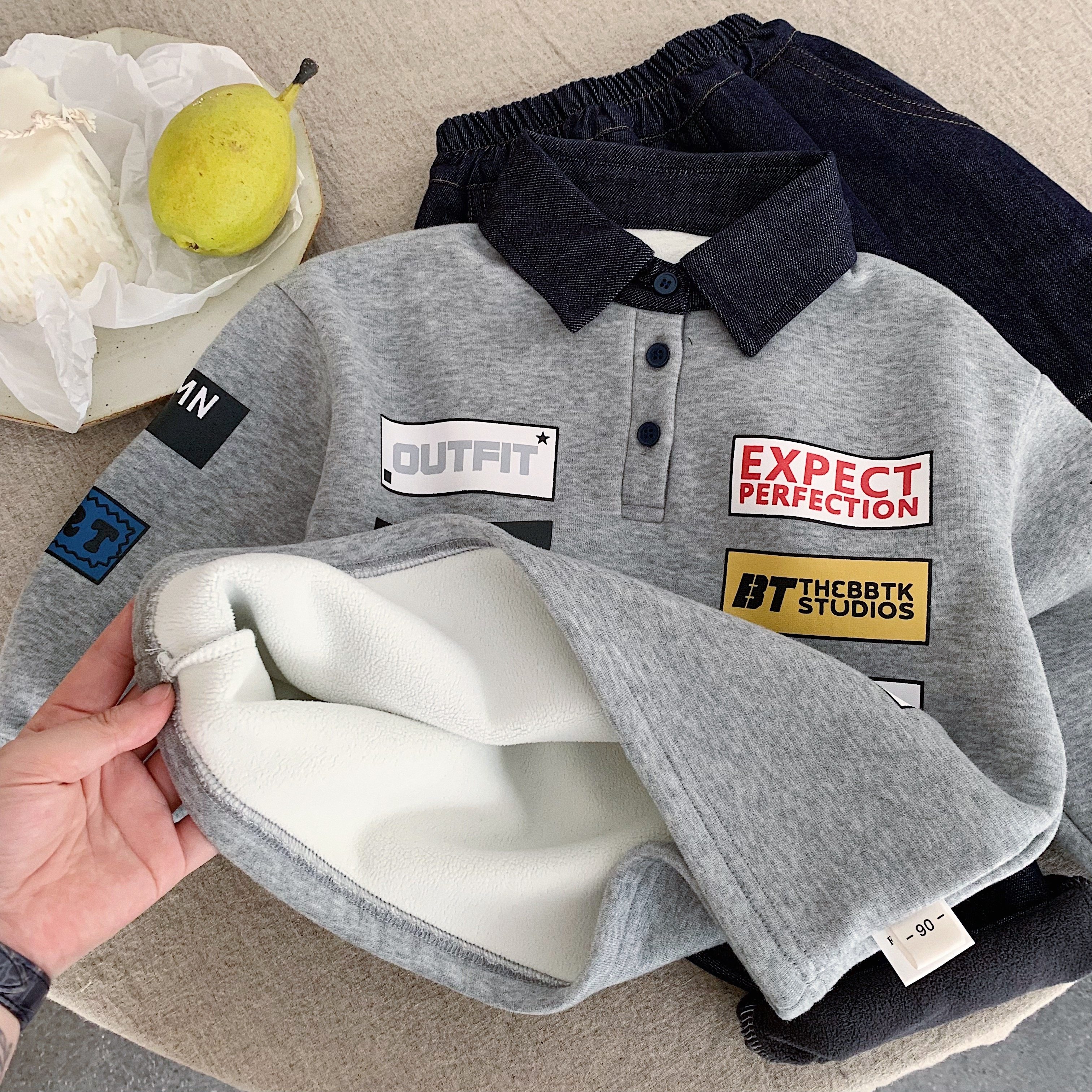 儿童外套男机车风秋冬新款宝宝字母POLO衫潮洋气小童套头衫女加绒,淘宝优惠券,粉丝福利购,淘宝优惠卷