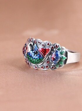 气质文艺国潮民族风复古雅美锦鲤鱼荷花开口指环S925银烧蓝戒指女