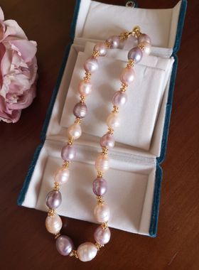 特价清仓包邮12-13mm天然米形螺纹华丽欧美风大珍珠手链项链套组