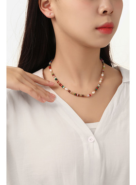 复古彩色波西米亚算盘珠石头项链手工串珠高级感个性珍珠锁骨链女
