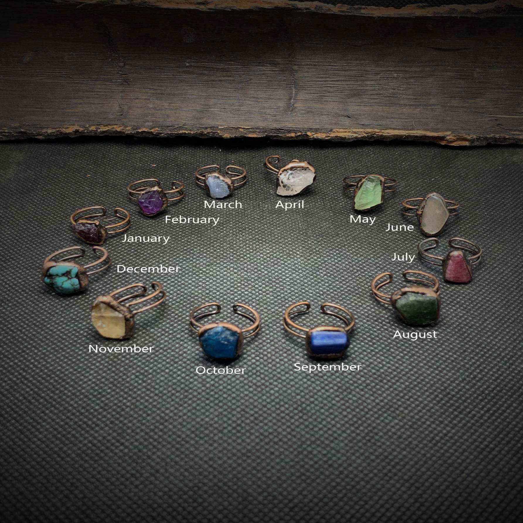 Retro style twelve birthstone natural rough stone amorphous opening adjustable ring women's birthday gift