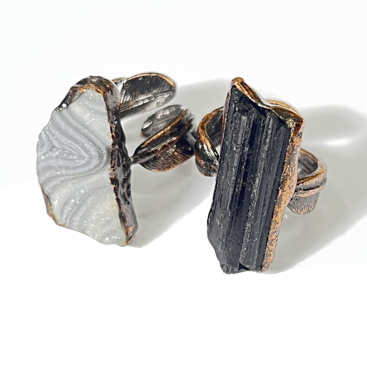 Vintage Black Tourmaline Feather Ring Electroplated Bronze