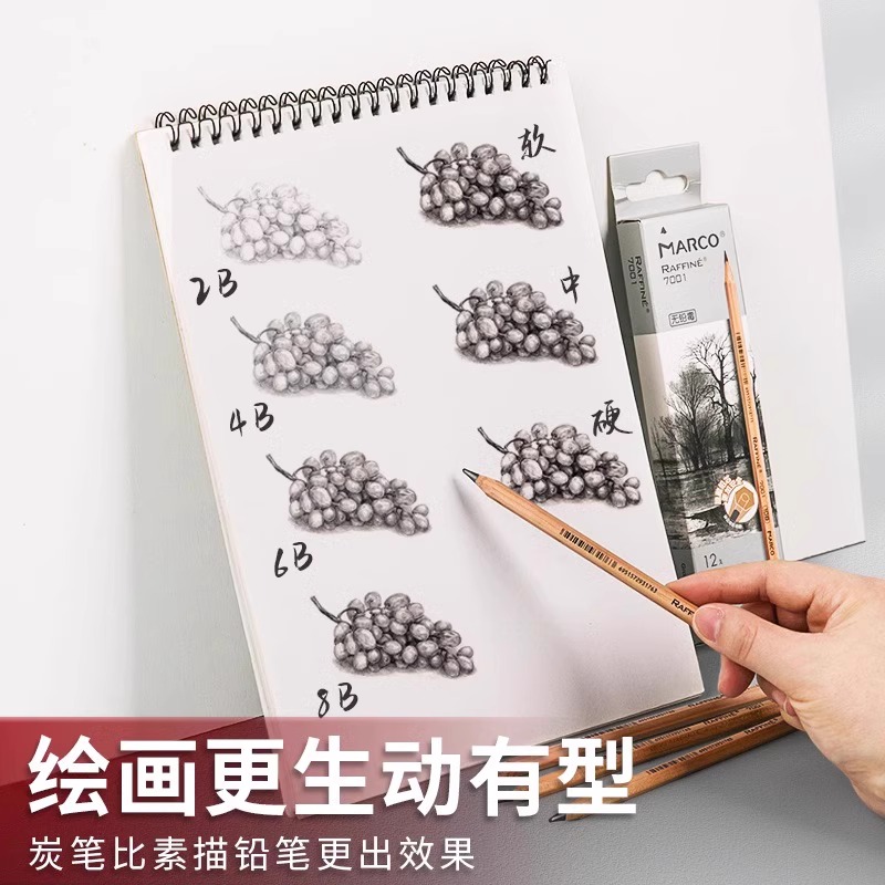 马可素描铅笔美术生专用套装2b4b碳笔3h4b马克原木速写绘画铅笔 - 图1
