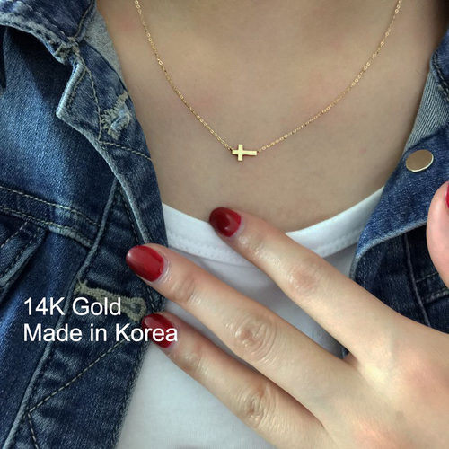 韩国流行流行14K黄金项链金色 黑色两种颜色十字架锁骨连七夕礼物 - 图0