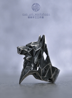 原创朋克工业风狼王做旧纯银戒指