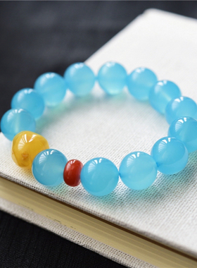 一斤钻戒bai分白天然色ding级大圆珠蜜蜡天然土耳其海蓝玉髓手链