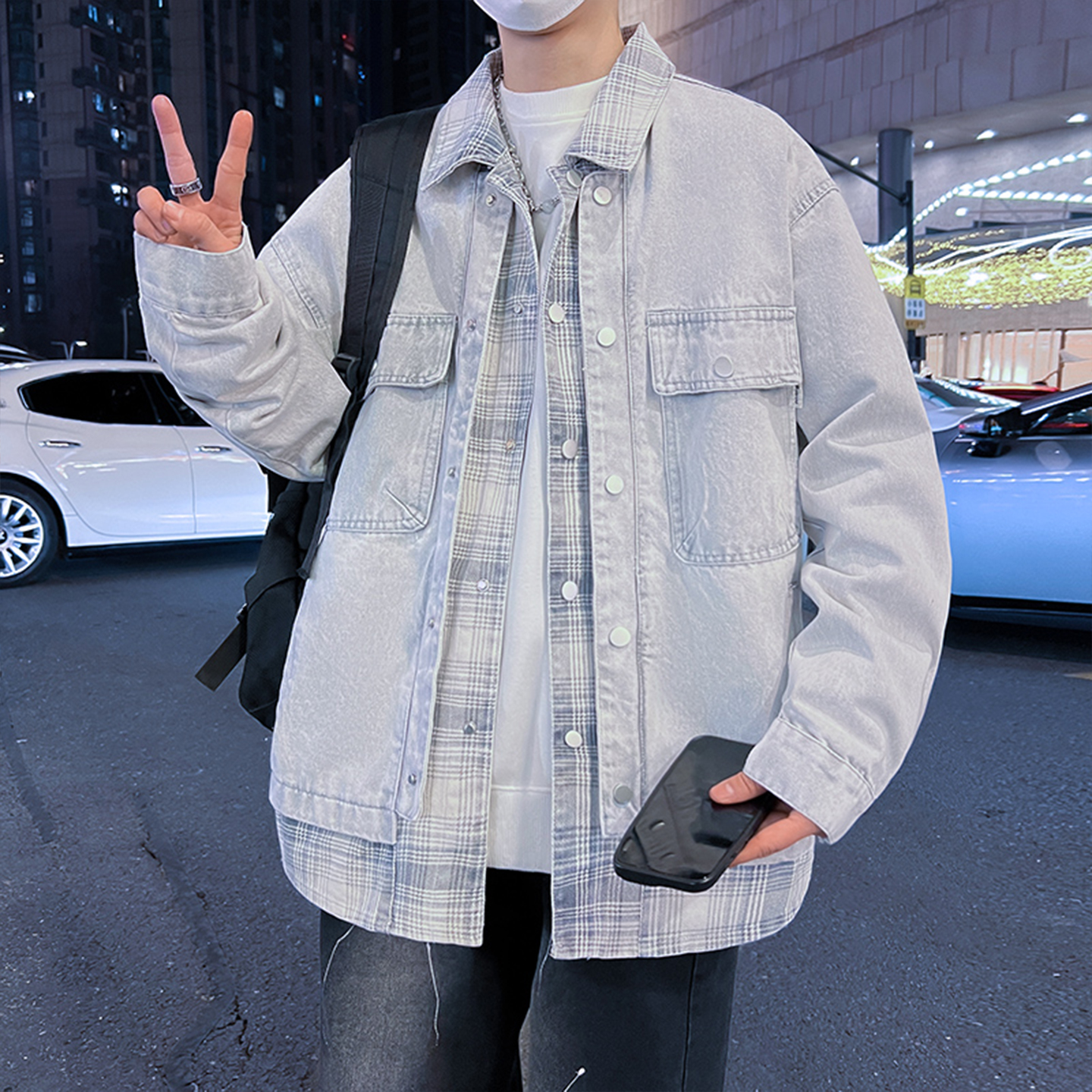 水洗牛仔外套男生春秋季新款学生青少年假两件帅气夹克男装士潮牌 - 图0