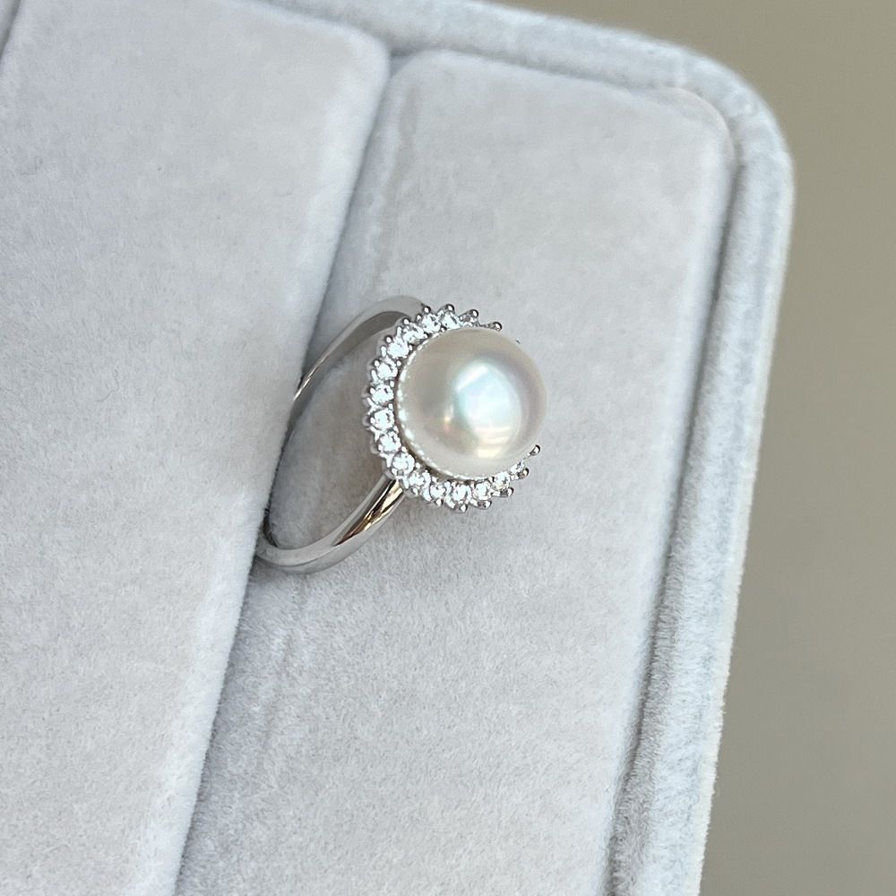 S925 sterling silver mirror extremely bright pure white silky smooth and flawless natural white pearl ring 9mm sunflower
