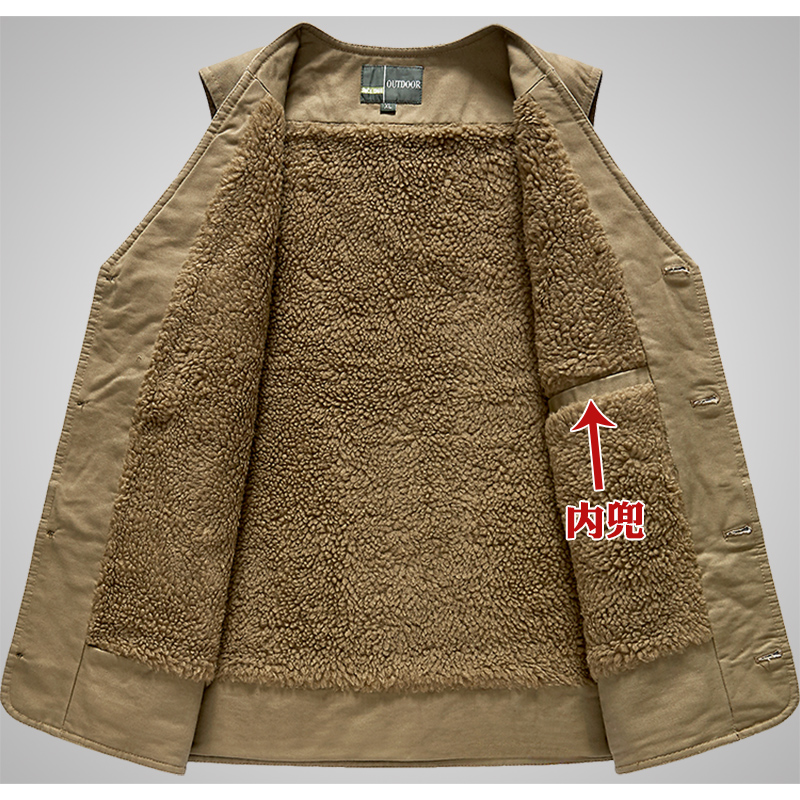 加绒加厚冬季男式保暖马甲中老年人爸爸多口袋纯棉背心男士纽扣款 - 图2