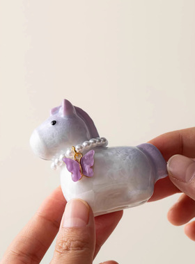 渐变紫结晶釉小马桌面摆件陶瓷茶宠可爱马年吉祥物工艺品茶道茶玩