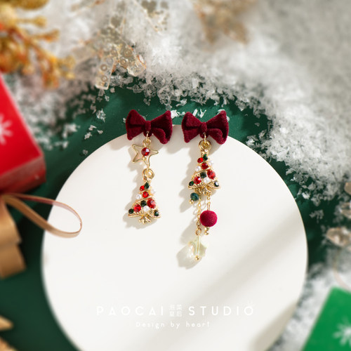 原创设计圣诞节镶钻圣诞树甜美新年红色耳钉耳骨夹耳环耳夹耳饰品 - 图3