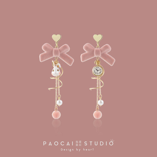 原创秋冬爱丽丝梦游仙境耳环女兔子时钟蝴蝶结耳钉甜美少女耳饰品 - 图2