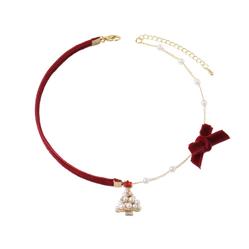 原创珍珠圣诞树吊坠丝绒锁骨链女红色喜庆项链气质百搭颈链choker - 图2